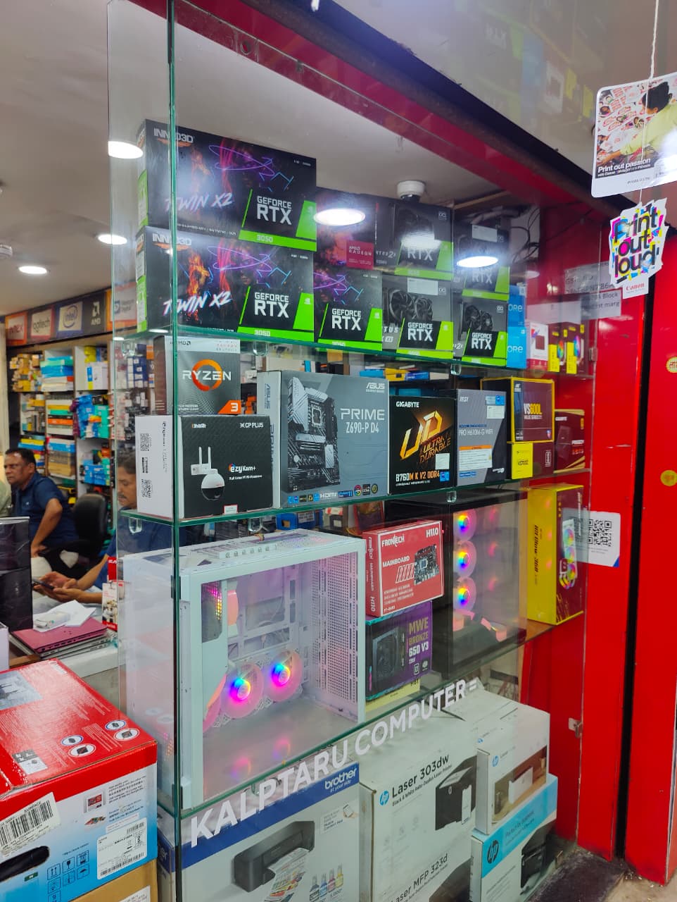 NVIDIA GeForce RTX graphics card wall at Kalptaru Computers Indore